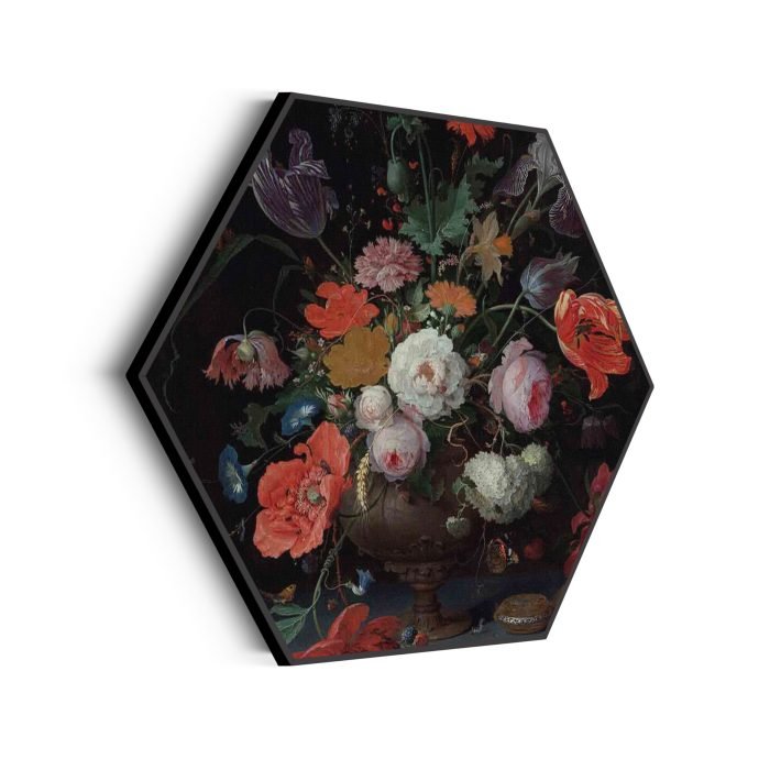 akoestisch-schilderij-abraham-mignon-stilleven-met-bloemen-en-een-horloge-1660-1679-hexagon_Wecho