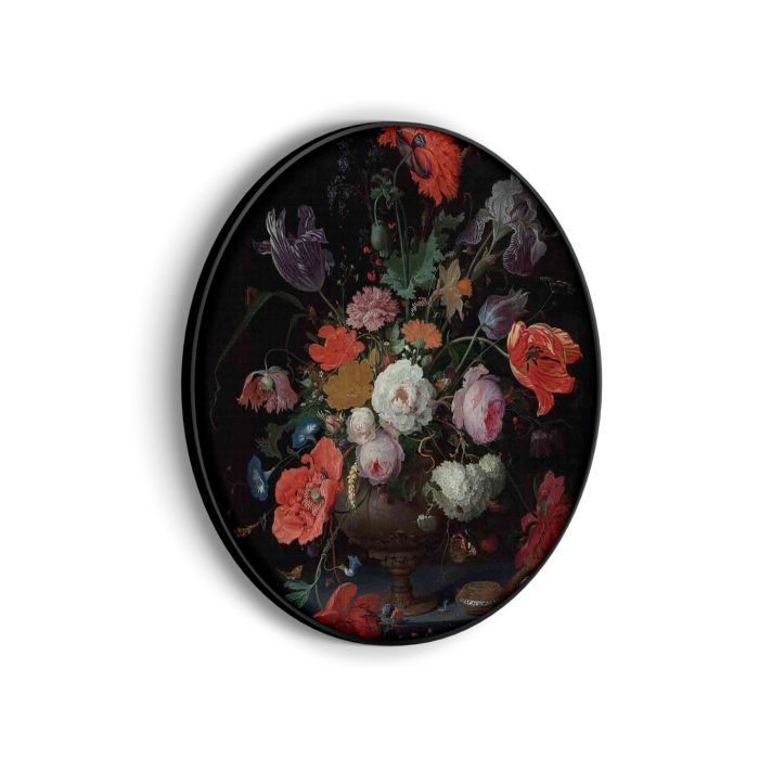 akoestisch-schilderij-abraham-mignon-stilleven-met-bloemen-en-een-horloge-1660-1679-rond_Wecho