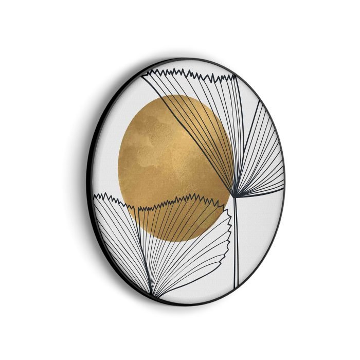 akoestisch-schilderij-scandinavisch-design-plant-met-goud-element-01-rond-muurcirkel_Wecho