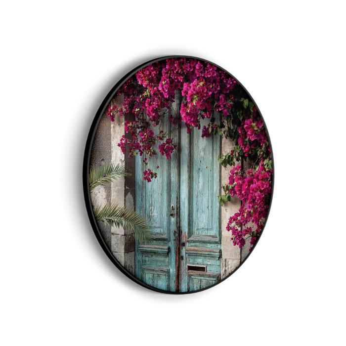 akoestisch-schilderij-roze-deuren-rond-muurcirkel_Wecho