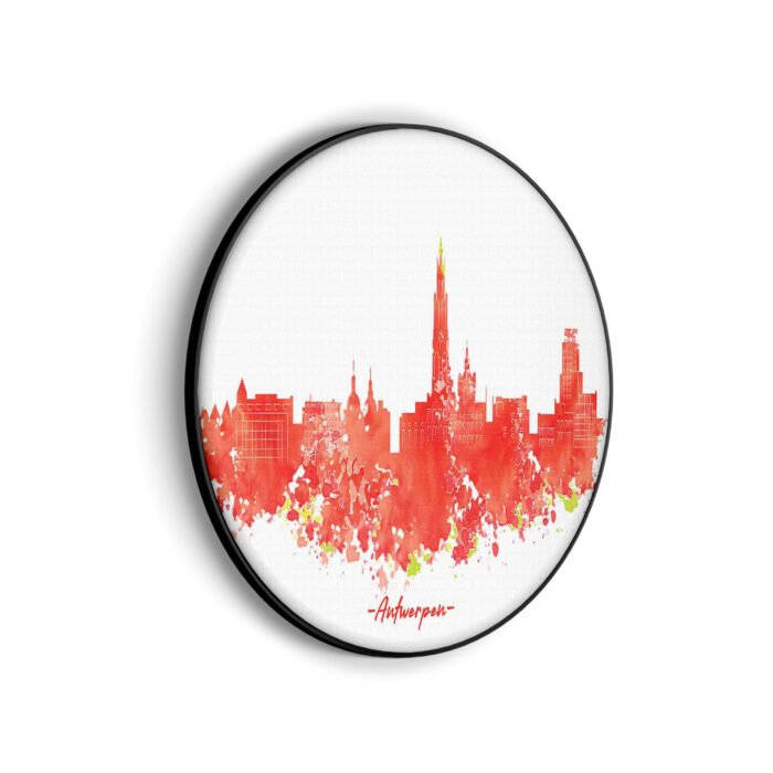 akoestisch-schilderij-skyline-antwerpen-watecolor-paint-rond-muurcirkel_Wecho