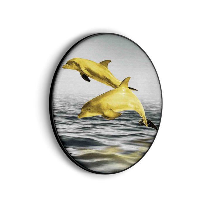 akoestisch-schilderij-springende-dolfijnen-goud-01-rond-muurcirkel_Wecho